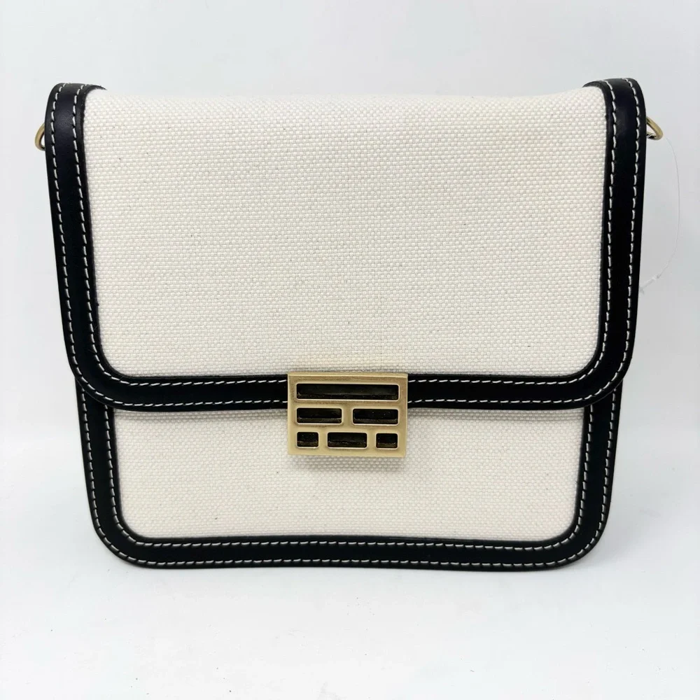 FRAME Le Signature Mini Bag Black Cream Canvas Leather Crossbody Brass Hardware